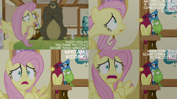 Size: 4400x2475 | Tagged: safe, edit, edited screencap, editor:quoterific, imported from derpibooru, screencap, angel bunny, fluttershy, harry, bear, pegasus, pony, rabbit, scare master, season 5, animal, female, fluttershy's cottage, flying, male, mare, open mouth, pinpoint eyes, spread wings, text, wings