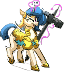 Size: 2505x2822 | Tagged: safe, artist:alumx, imported from derpibooru, oc, oc only, pony, unicorn, armor, female, glowing, glowing horn, guard armor, guardsmare, hammer, high res, horn, levitation, looking at you, magic, mare, one eye closed, open mouth, open smile, royal guard, simple background, smiling, solo, telekinesis, transparent background, war hammer, weapon, wink, winking at you