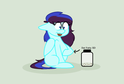 Size: 1018x687 | Tagged: safe, artist:perrydoodles, imported from derpibooru, oc, oc only, oc:perry notes, pegasus, pony, belly, big belly, chubby, cookie, cookie thief, eating, fat, female, floppy ears, food, mare, pure unfiltered evil, sitting, text, wings, xd