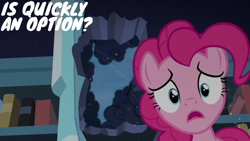 Size: 1920x1080 | Tagged: safe, edit, edited screencap, editor:quoterific, imported from derpibooru, screencap, pinkie pie, earth pony, pony, season 6, the crystalling, book, female, mare, open mouth, solo, text