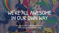 Size: 1920x1080 | Tagged: safe, edit, editor:quoterific, idw, imported from derpibooru, applejack, fluttershy, pinkie pie, princess celestia, princess luna, twilight sparkle, alicorn, butterfly, earth pony, pegasus, pony, unicorn, ^^, crown, cute, diapinkes, eyes closed, female, filly, filly applejack, filly fluttershy, filly pinkie pie, filly twilight sparkle, flying, horn, jackabetes, jewelry, magic, mare, offscreen character, open mouth, open smile, regalia, smiling, telekinesis, text, the futures past, unicorn twilight, younger