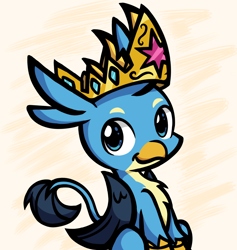 Size: 1420x1496 | Tagged: safe, artist:derp pone, derpibooru exclusive, imported from derpibooru, gallus, griffon, abstract background, chibi, crown, cute, gallabetes, jewelry, looking at you, male, regalia, sitting, smiling, smiling at you, solo