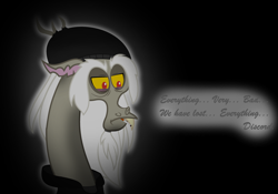 Size: 4850x3393 | Tagged: safe, artist:temerdzafarowo, imported from derpibooru, discord, draconequus, spoiler:g5comic, black background, cigarette, clothes, doomer, g5, hat, hoodie, mood, old man discord, older, sad, simple background, smoking, solo, upset, yearning