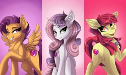 Size: 4096x2465 | Tagged: safe, alternate version, artist:disarrayedfay, imported from derpibooru, part of a set, apple bloom, scootaloo, sweetie belle, earth pony, pegasus, pony, unicorn, the last problem, all in one, chest fluff, clothes, cutie mark crusaders, ear fluff, female, goldie delicious' shawl, grin, looking at you, mare, missing accessory, older, older apple bloom, older cmc, older scootaloo, older sweetie belle, raised eyebrow, raised hoof, shawl, smiling, smiling at you, spread wings, the cmc's cutie marks, trio, triptych, wings