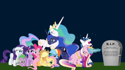 Size: 3264x1836 | Tagged: safe, artist:autiboysam, imported from derpibooru, applejack, fluttershy, pinkie pie, princess cadance, princess celestia, princess flurry heart, princess luna, rainbow dash, rarity, shining armor, spike, twilight sparkle, alicorn, dragon, earth pony, pegasus, pony, unicorn, applejack's hat, clothes, cowboy hat, crown, crying, eyes closed, female, gravestone, hat, horn, hug, implied death, jewelry, lying down, magic, male, mane seven, mane six, mare, moon, multicolored hair, prone, rainbow hair, raised hoof, regalia, rest in peace, sad, shoes, sitting, sparkles, stallion, stone, sun, text, unicorn twilight, wings