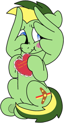 Size: 536x1033 | Tagged: safe, artist:bishopony, artist:didgereethebrony, imported from derpibooru, oc, oc:didgeree, pegasus, pony, base used, blushing, cute, embarrassed, frog (hoof), heart, heart plush, hiding behind wing, implied shipping, plushie, scrunchy face, shy, simple background, solo, trace, transparent background, underhoof, wings