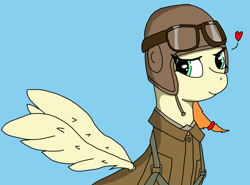 Size: 1102x817 | Tagged: safe, artist:goldenoshy1250, imported from derpibooru, oc, oc:sodapop sprays, pegasus, pony, aviation uniform, blue background, clothes, female, heart, looking at you, mare, pilot, simple background, smiling, smiling at you, spread wings, uniform, wings