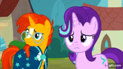 Size: 640x360 | Tagged: safe, imported from derpibooru, screencap, starlight glimmer, sunburst, pony, unicorn, season 8, the parent map, animated, duo, duo male and female, faint, female, floppy ears, gif, gifs.com, glasses, male, mare, nose in the air, open mouth, shrunken pupils, stallion, volumetric mouth