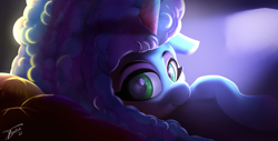 Size: 5119x2596 | Tagged: safe, artist:tyleks, imported from derpibooru, pony, unicorn, absurd resolution, curly mane, cute, female, g5, high res, looking at you, mare, misty brightdawn, my little pony: make your mark, signature, simple background, smiling, solo