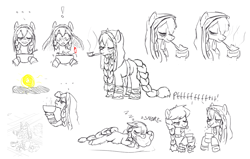 Size: 1700x1080 | Tagged: safe, artist:kabayo, artist:snspony, imported from derpibooru, oc, oc only, oc:baba hooves, pony, :p, bowl, braid, braided tail, cup, elderly, female, hoof hold, mare, pillow, pipe, raspberry, sketch, sketch dump, sleeping, snoring, sun, tail, tongue out, yakutian horse