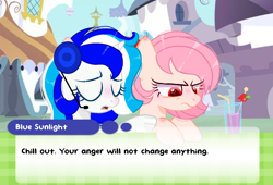 Size: 1024x696 | Tagged: safe, artist:be_yourself, imported from derpibooru, oc, oc:blue sunlight, oc:simy (siunocream nana), pegasus, pony, unicorn, angry, canterlot, chat bubble, duo, duo female, eyes closed, female, food, glass, horn, strawberry, table, talking