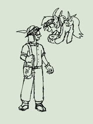Size: 292x391 | Tagged: safe, artist:kabayo, imported from derpibooru, oc, oc only, oc:anon, human, pegasus, pony, aggie.io, female, flying, goggles, hat, looking at each other, looking at someone, mare, monochrome, open mouth, satchel, simple background, smiling, spread wings, wings