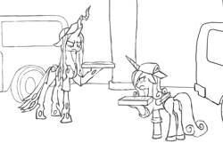 Size: 2000x1500 | Tagged: safe, artist:kabayo, imported from derpibooru, princess cadance, queen chrysalis, alicorn, changeling, changeling queen, pony, 60s spider-man, angry face, black and white, cadance's pizza delivery, cap, car, clothes, duo, female, floppy ears, folded wings, food, frown, grayscale, hat, looking at each other, looking at someone, mare, meme, monochrome, peetzer, pizza, pizza box, pizza delivery, ponified meme, simple background, standoff, unamused, white background, wings