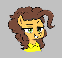 Size: 251x235 | Tagged: safe, artist:kabayo, imported from derpibooru, cheese sandwich, earth pony, pony, aggie.io, bust, clothes, female, gray background, grilled cheese (r63), lowres, mare, raised eyebrow, rule 63, shirt, simple background, smiling, smug, solo