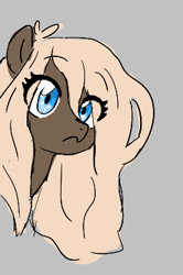 Size: 239x361 | Tagged: safe, artist:kabayo, imported from derpibooru, oc, oc only, oc:meggy, pony, aggie.io, bust, eye clipping through hair, eyebrows, female, frown, gray background, looking at you, lowres, mare, simple background, solo