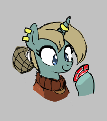 Size: 240x273 | Tagged: safe, artist:kabayo, imported from derpibooru, oc, oc only, pony, unicorn, aggie.io, bust, clothes, ear piercing, earring, female, gem, gray background, hoof hold, horn, horn ring, jewelry, lowres, mare, piercing, ring, ruby, simple background, smiling, solo, sweater