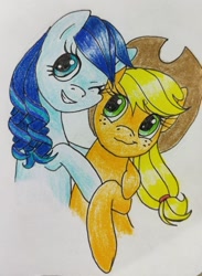Size: 727x992 | Tagged: safe, artist:mintytreble, imported from derpibooru, applejack, coloratura, earth pony, pony, the mane attraction, cute, duo, female, freckles, rara, smiling, traditional art