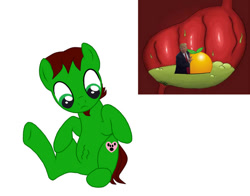 Size: 1010x791 | Tagged: safe, artist:darkplayerferraz269, artist:jolly-phantom, artist:swiftgaiathebrony, imported from derpibooru, oc, oc:swiftgaia, earth pony, human, pony, donald trump, food, inside stomach, irl, irl human, male, micro, orange, photo, politics, simple background, stallion, stomach growl, stomach noise, vore, white background