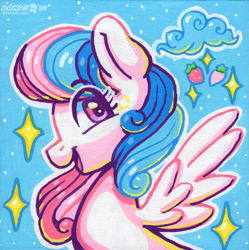 Size: 1759x1768 | Tagged: safe, artist:dandy, imported from derpibooru, oc, oc only, oc:strawberry dreamy, pegasus, pony, acrylic painting, female, looking at you, mare, open mouth, pegasus oc, smiling, solo, traditional art, wings