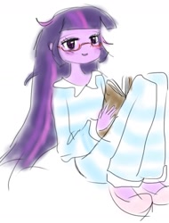 Size: 1069x1403 | Tagged: safe, artist:ponysprinkles, imported from derpibooru, twilight sparkle, human, equestria girls, book, clothes, female, glasses, looking at you, messy mane, pajamas, simple background, sitting, smiling, smiling at you, solo, white background