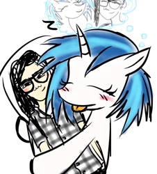 Size: 1002x1110 | Tagged: safe, artist:ponysprinkles, imported from derpibooru, dj pon-3, vinyl scratch, pony, unicorn, blushing, body pillow, eyes closed, female, horn, hug, onomatopoeia, skrillex, sleeping, thought bubble, tongue out, z