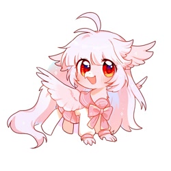 Size: 700x700 | Tagged: safe, artist:dreamsugar, imported from derpibooru, oc, oc only, bowtie, chibi, clothes, commission, eye clipping through hair, female, looking at you, open mouth, simple background, skirt, solo, spread wings, white background, wings