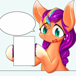 Size: 4096x4096 | Tagged: safe, artist:zemlya, imported from derpibooru, sunny starscout, earth pony, pony, coat markings, eye clipping through hair, female, g5, hoof hold, looking at something, mare, meme template, open mouth, open smile, simple background, smiling, socks (coat markings), sparkles, speech bubble, template, white background