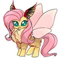 Size: 1068x1024 | Tagged: safe, artist:namaenonaipony, imported from derpibooru, fluttershy, insect, moth, mothpony, original species, chest fluff, female, fluttermoth, looking at you, mothified, simple background, solo, species swap, spread wings, tongue out, white background, wings