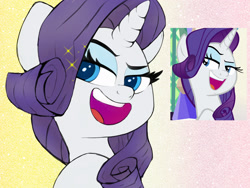 Size: 2000x1500 | Tagged: safe, artist:zokkili, imported from derpibooru, screencap, rarity, pony, unicorn, sparkle's seven, bust, female, gradient background, horn, mare, open mouth, open smile, portrait, scene interpretation, screencap reference, smiling, smug, solo, sparkles