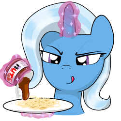 Size: 1280x1280 | Tagged: safe, artist:theuser, imported from derpibooru, trixie, pony, unicorn, food, glowing, glowing horn, horn, licking, licking lips, magic, nutella, pasta, smiling, solo, spaghetti, telekinesis, this will end in diarrhea, tongue out