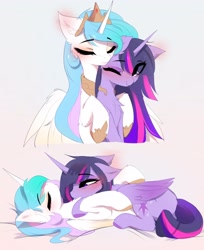 Size: 2804x3441 | Tagged: safe, artist:magnaluna, imported from derpibooru, princess celestia, twilight sparkle, alicorn, pony, ask, cute, cutelestia, eye clipping through hair, eyebrows, eyebrows visible through hair, female, hug, lesbian, shipping, simple background, snuggling, twiabetes, twilestia, twilight sparkle (alicorn)