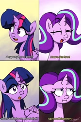 Size: 2732x4096 | Tagged: safe, artist:ringteam, imported from derpibooru, starlight glimmer, twilight sparkle, alicorn, pony, unicorn, 4 panel comic, :i, comic, duo, duo female, female, i mean i see, it can't involve murder, meme, ponified meme, raised eyebrow