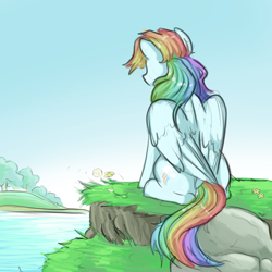 Size: 1000x1000 | Tagged: safe, artist:smirk, imported from derpibooru, rainbow dash, pegasus, pony, colored sketch, dandelion, female, flower, lake, mare, scenery, sitting, solo, tree, water