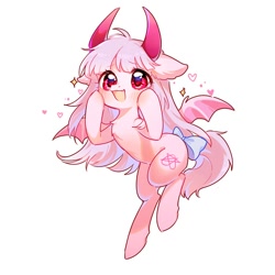 Size: 700x700 | Tagged: safe, artist:dreamsugar, imported from derpibooru, oc, oc only, bat pony, pony, bat wings, commission, female, flying, heart, horns, mare, open mouth, open smile, simple background, smiling, solo, sparkles, spread wings, white background, wings