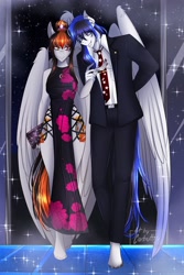 Size: 2000x2996 | Tagged: safe, artist:carbutt69, imported from derpibooru, oc, oc only, oc:cannon car, oc:snow storm, anthro, pegasus, unguligrade anthro, clothes, couple, dress, elegant, female, heterochromia, holding hands, jewelry, male, multicolored hair, necklace, scar, smiling, walking, wings