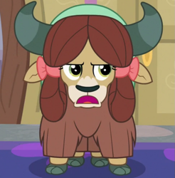 Size: 725x738 | Tagged: safe, imported from derpibooru, screencap, yona, yak, the hearth's warming club, bow, cloven hooves, cropped, female, hair bow, looking at you, monkey swings, solo, unamused, yona is not amused