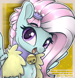 Size: 1130x1165 | Tagged: safe, artist:llametsul, imported from derpibooru, kerfuffle, pegasus, pony, rainbow roadtrip, bell, bell collar, bust, chest fluff, clothes, collar, colored, cute, female, fufflebetes, grayscale, happy, looking at you, mare, monochrome, open mouth, open smile, pincushion, signature, smiling, solo