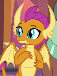 Size: 481x646 | Tagged: safe, imported from derpibooru, screencap, smolder, yona, dragon, yak, non-compete clause, cropped, cute, dragoness, female, partially open wings, smolderbetes, solo focus, wings