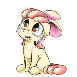 Size: 1000x1000 | Tagged: safe, artist:smirk, imported from derpibooru, apple bloom, earth pony, pony, adorabloom, bow, colored sketch, crying, cute, female, filly, foal, hair bow, sad, sitting, solo