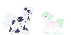 Size: 1280x640 | Tagged: safe, artist:itstechtock, imported from derpibooru, oc, oc only, oc:flitter flutter, oc:snowflake obsidian, pegasus, pony, duo, offspring, parent:blossomforth, parent:double diamond, parent:periwinkle pace, simple background, white background