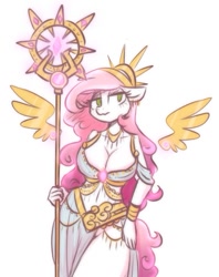 Size: 431x545 | Tagged: safe, artist:sugar morning, imported from derpibooru, oc, oc only, oc:sugar morning, anthro, pegasus, big breasts, breasts, busty sugar morning, cleavage, clothes, crown, dress, floating wings, jewelry, lidded eyes, looking at you, midriff, regalia, royalty, simple background, solo, white background, wings