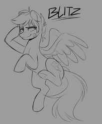 Size: 1504x1838 | Tagged: safe, artist:higgly-chan, imported from derpibooru, rainbow dash, pegasus, pony, bandaid, gray background, male, monochrome, rainbow blitz, raised hoof, rule 63, salute, simple background, sketch, solo, stallion, underhoof