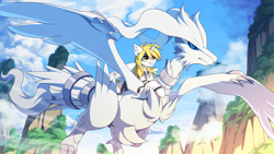 Size: 3000x1688 | Tagged: safe, artist:redchetgreen, imported from derpibooru, oc, oc only, oc:star nai, alicorn, pony, reshiram, alicorn oc, horn, legendary pokémon, pokémon, wings