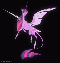Size: 2509x2636 | Tagged: safe, artist:marbola, imported from derpibooru, twilight sparkle, alicorn, pony, black background, female, leonine tail, mare, simple background, solo, spread wings, tail, tail feathers, twilight sparkle (alicorn), wings