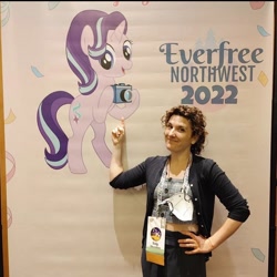 Size: 812x812 | Tagged: safe, imported from derpibooru, starlight glimmer, human, pony, unicorn, 2022, everfree northwest, everfree northwest 2022, irl, irl human, kelly sheridan, photo, voice actor