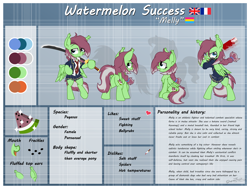 Size: 2500x1889 | Tagged: safe, artist:sherathoz, imported from derpibooru, oc, oc:watermelon success, pegasus, pony, baseball bat, bipedal, butt, clothes, commission, ear fluff, female, headphones, katana, plot, reference sheet, school uniform, solo, sword, weapon