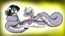 Size: 1024x571 | Tagged: safe, artist:lunahazacookie, imported from derpibooru, oc, oc only, earth pony, lamia, original species, abstract background, coils, colored, duo, earth pony oc, female, hypno eyes, kaa eyes, male, mare, mind control, stallion, unshorn fetlocks