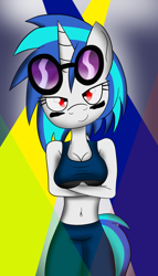 Size: 1024x1793 | Tagged: safe, artist:lunahazacookie, imported from derpibooru, dj pon-3, vinyl scratch, anthro, unicorn, 2015, abstract background, clothes, colored, crossed arms, female, midriff, old art, solo, sports bra, sunglasses