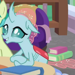 Size: 762x756 | Tagged: safe, imported from derpibooru, screencap, ocellus, sandbar, changedling, changeling, earth pony, pony, what lies beneath, book, bookshelf, cropped, cute, diaocelles, female, solo focus