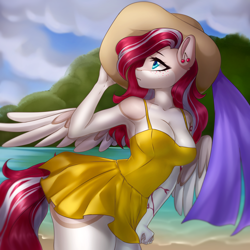 Size: 5000x5000 | Tagged: safe, artist:yutakira92, imported from derpibooru, oc, oc only, oc:cherry heart, anthro, pegasus, absurd resolution, beach, blue eyes, cherry, clothes, colored wings, day, ear piercing, earring, female, food, freckles, hat, jewelry, looking sideways, looking to the left, looking up, pattern, piercing, red hair, ribbon, skirt swimsuit, solo, spread wings, sun hat, swimsuit, tail, tan coat, two toned mane, two toned tail, two toned wings, water, wings, yellow swimsuit